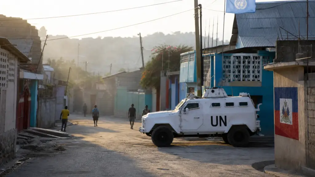 minustah en haití: vehículo blindado blanco de la ONU en una calle de un barrio popular con figuras lejanas de espaldas