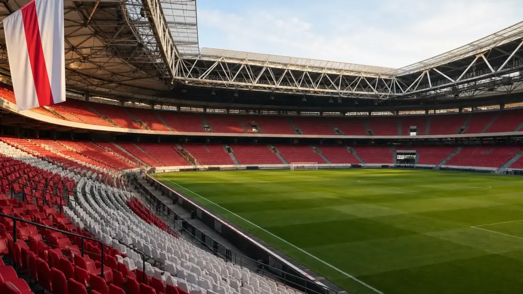 premios a sneijder y babel: estadio de fútbol vacío con asientos rojos y blancos al atardecer en Ámsterdam