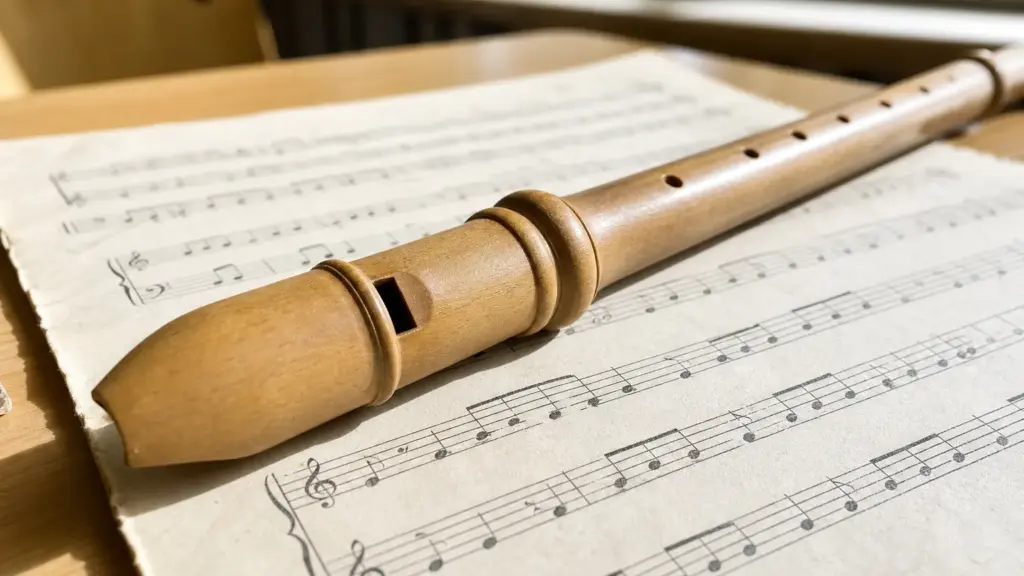 sí a la música: partitura impresa y una flauta dulce de madera sobre un pupitre escolar a la luz de la mañana