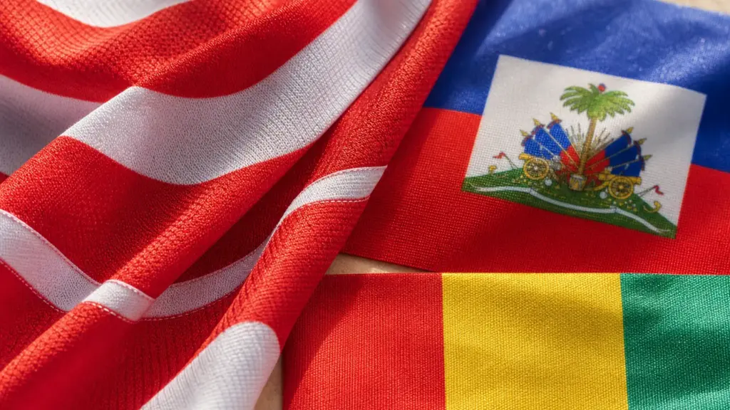 kili y bertin: detalle de una camiseta rojiblanca junto a banderas de Haití y Guinea