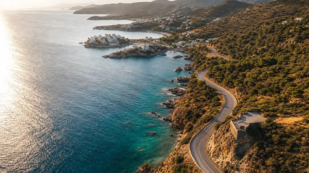 canal viajes de terra: vista aérea de una carretera costera junto al mar con pequeños pueblos blancos al atardecer
