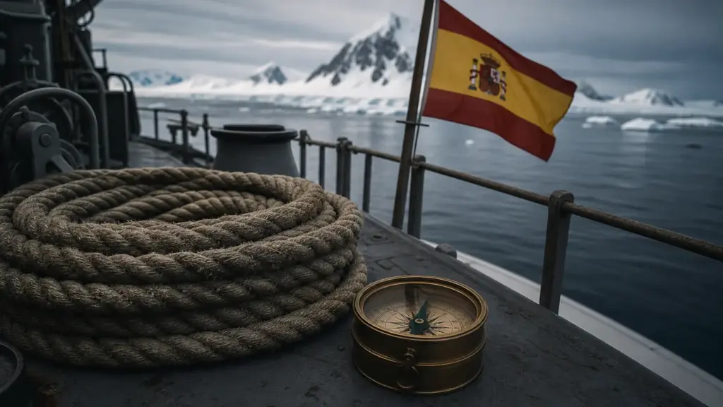 lyubov orlova: cabo de remolque y brújula sobre la cubierta de un buque con bandera de España en aguas antárticas