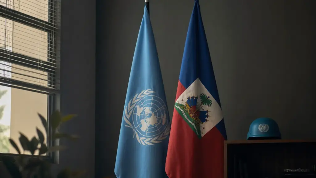 misión en haití: bandera azul de Naciones Unidas junto a la bandera de Haití y un casco azul en una sala sobria