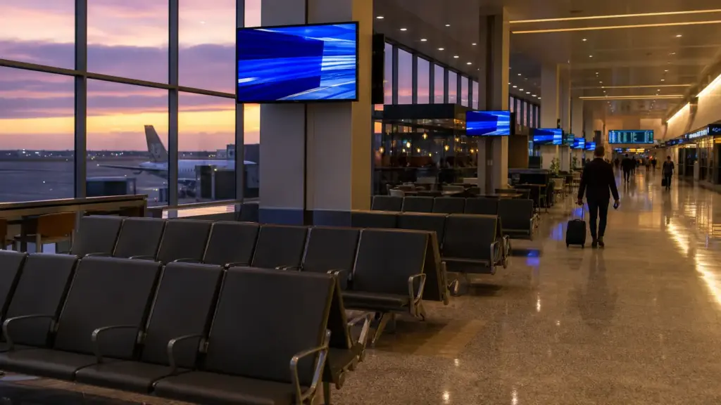 cnn y ericsson: sala de espera de un aeropuerto con pantallas encendidas y viajeros lejanos con teléfonos móviles al atardecer