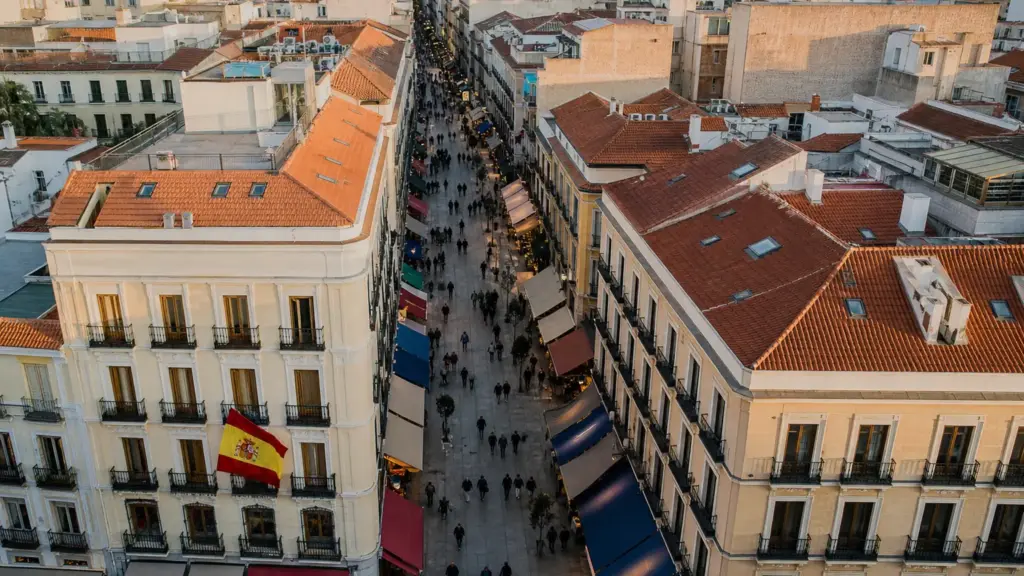estudio antropométrico: vista aérea de calles comerciales con tiendas de ropa en una ciudad española