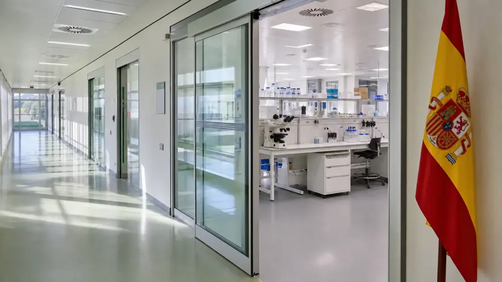princesa de asturias: pasillo vacío de un centro de investigación hospitalaria con una bandera de España junto a la entrada