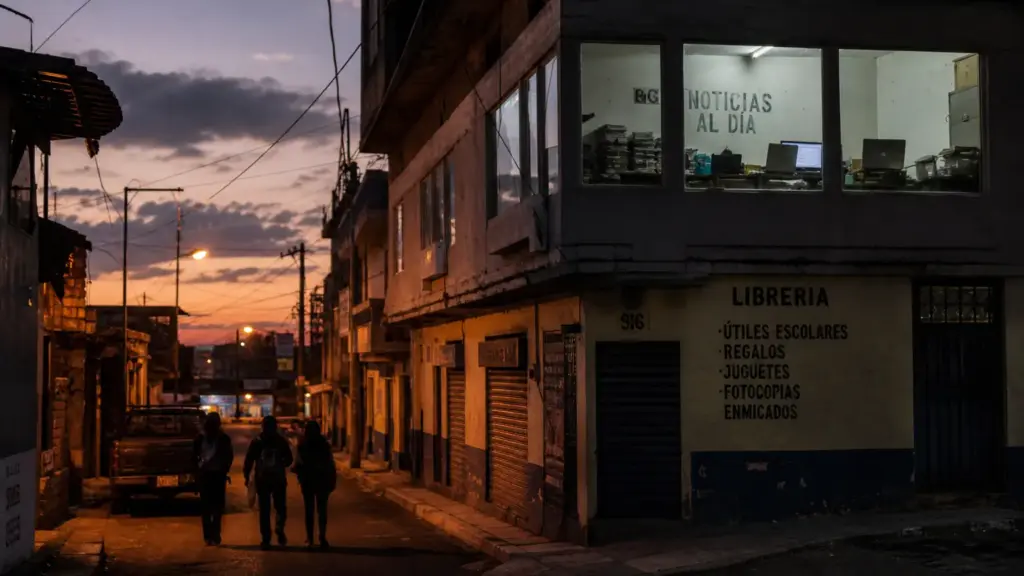 diario el faro: calle urbana al atardecer con la ventana iluminada de una redacción y peatones lejanos de espaldas