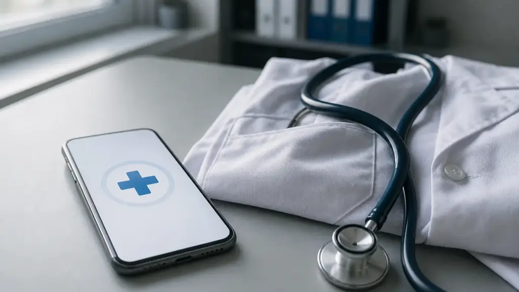 aplicación idoctus: un teléfono móvil junto a un estetoscopio y una bata médica en una consulta sobria