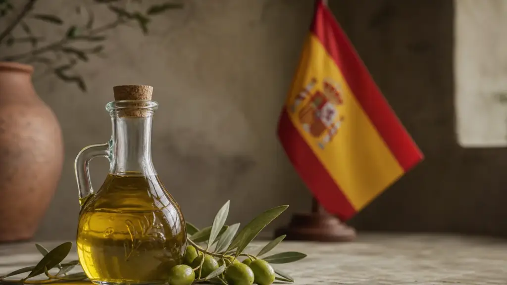 aceite de oliva español: aceitera de vidrio junto a una rama de olivo y una pequeña bandera de España