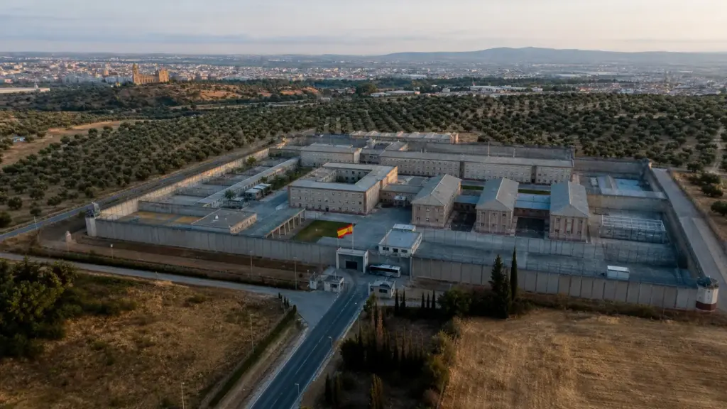 prisión de córdoba: vista aérea de un complejo penitenciario rodeado de campos y olivares al amanecer
