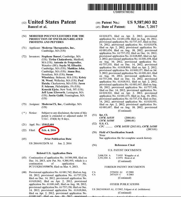 La patente de 2016 acreditada al laboratorio Moderna en USA