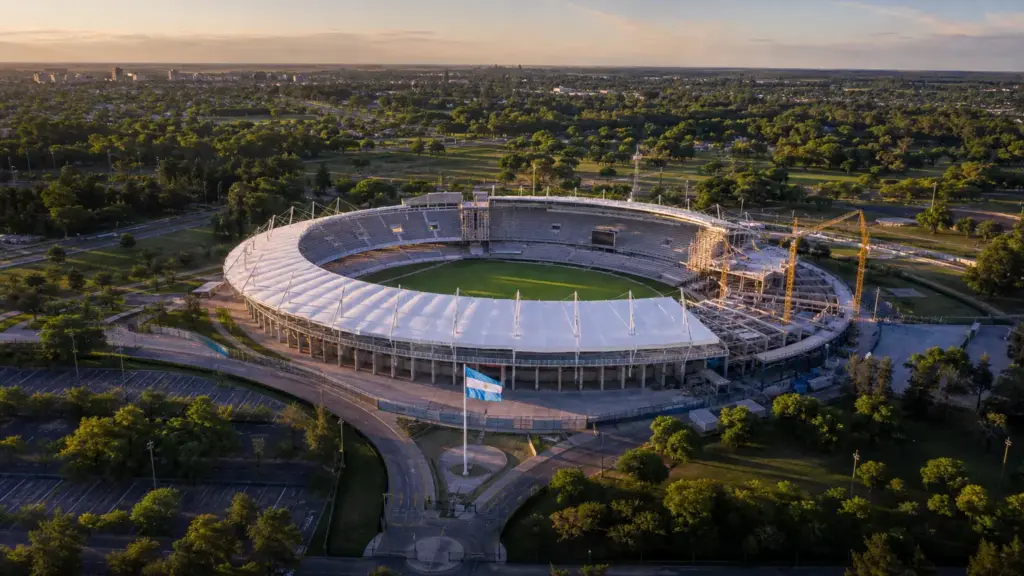 estadio único: vista aérea del estadio de La Plata con su techo blanco, el césped y grúas de obra en una tribuna
