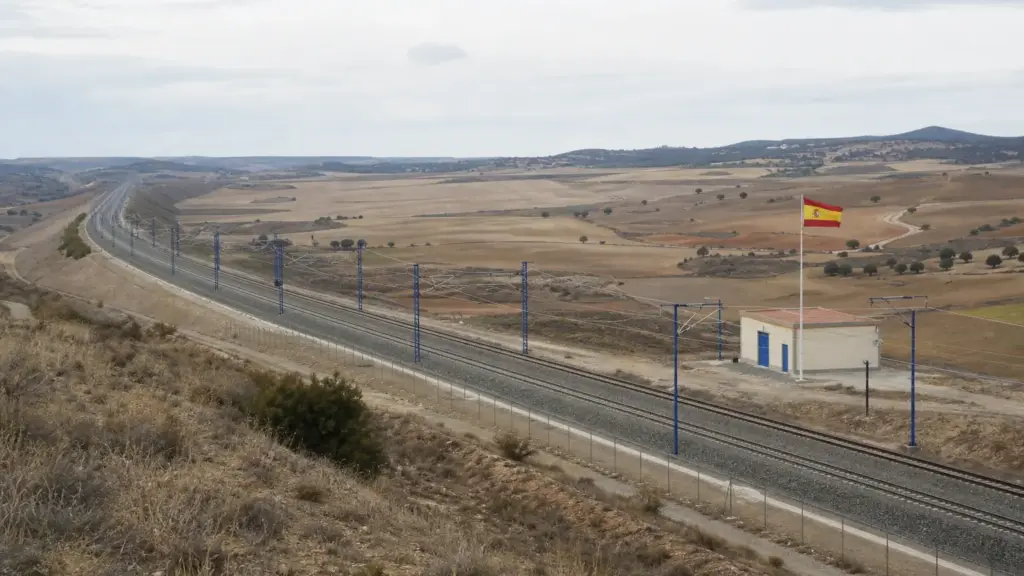 accidente de urda: vía de alta velocidad vacía atravesando un campo de Toledo con una bandera de España