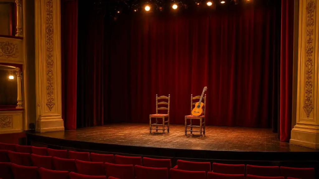 alejandra rubio: escenario de tablao flamenco vacío con dos sillas y una guitarra en un teatro de Madrid