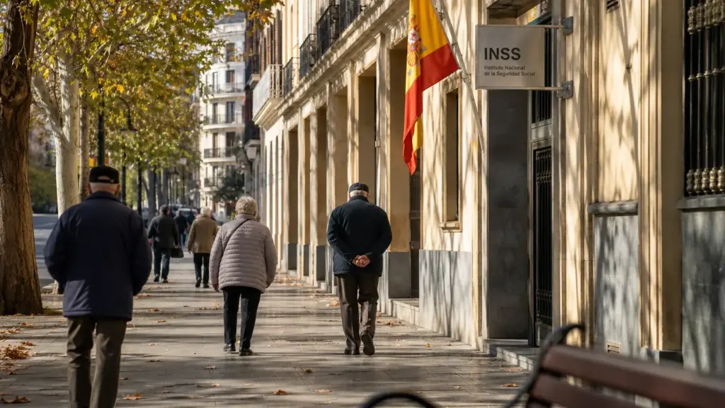 pensiones en españa: personas mayores de espaldas caminando frente a una oficina de la Seguridad Social con una bandera de España