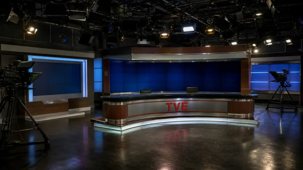 ana blanco en tve: plató de informativos vacío con una mesa de presentadores y las letras TVE bajo luces de estudio