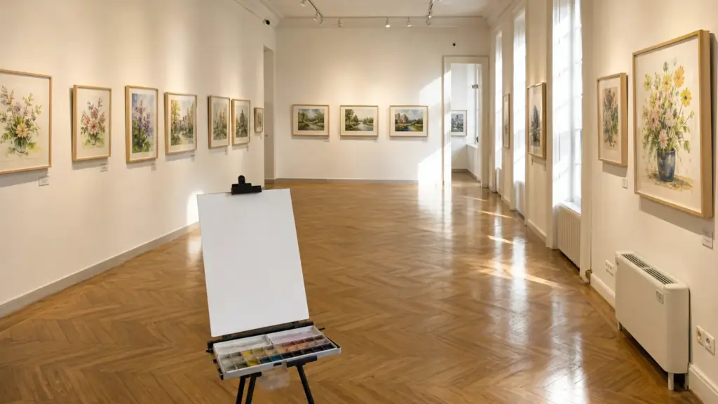 ana de orleans: sala de exposición vacía con acuarelas de flores y paisajes colgadas en paredes blancas