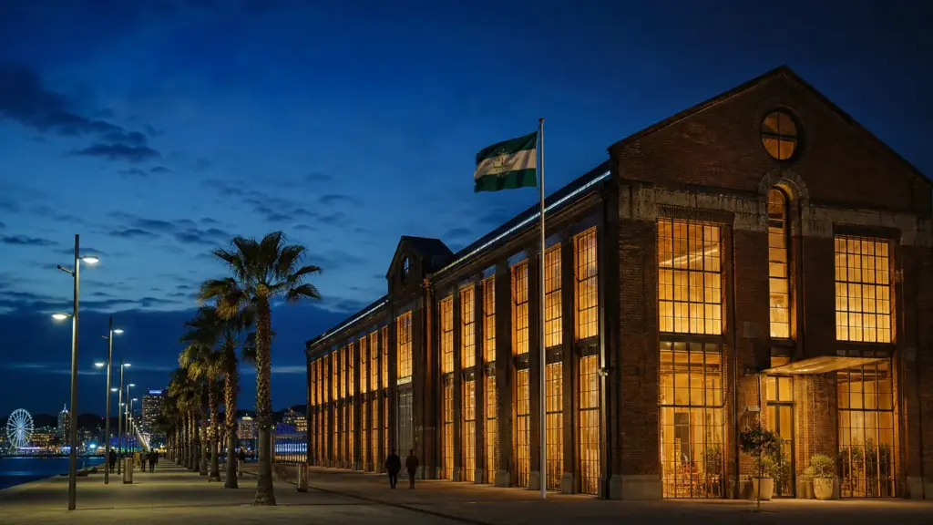 proyecto sohrlin: antigua nave industrial iluminada de noche en la zona oeste de Málaga junto al mar