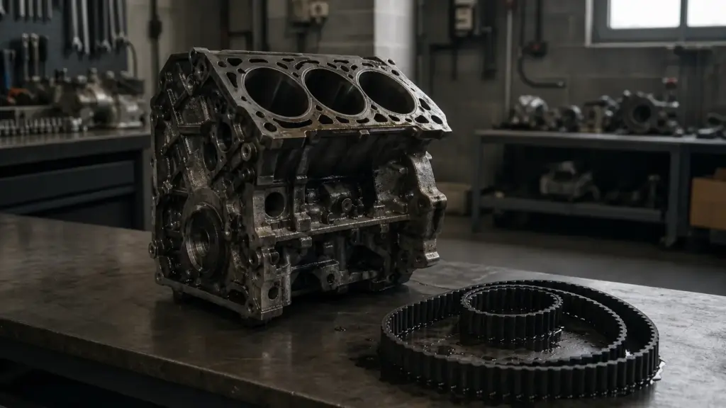 motor puretech: bloque de motor de tres cilindros junto a una correa de distribución con aceite en un taller sobrio