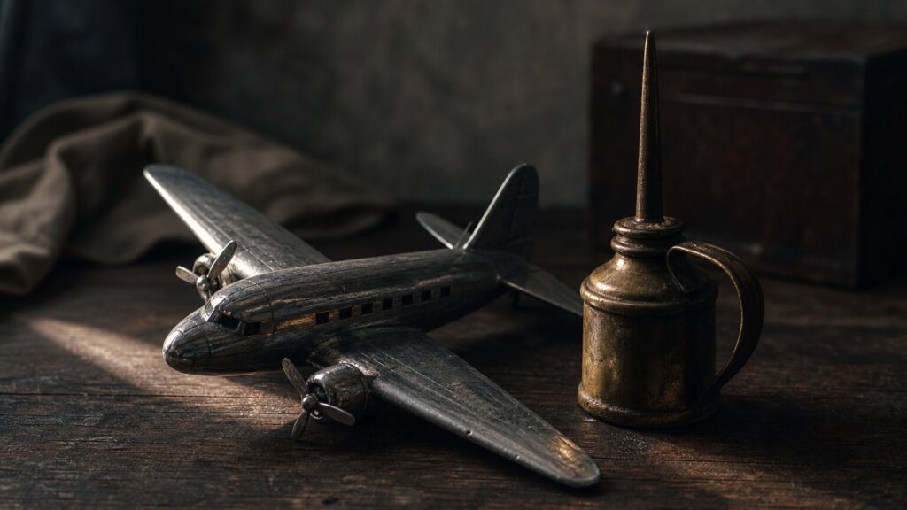 ataques hutíes: avión de metal volcado junto a una lata de aceite de bronce sobre una mesa oscura
