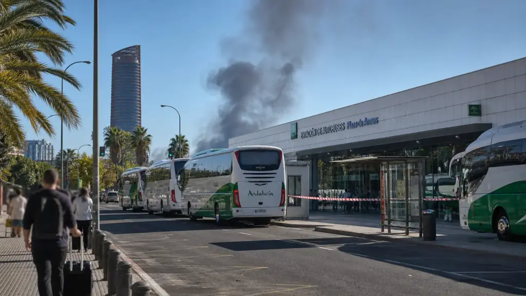 incendio en plaza de armas: viajeros de espaldas esperan junto a autobuses fuera de la estación de Sevilla mientras sube humo al fondo