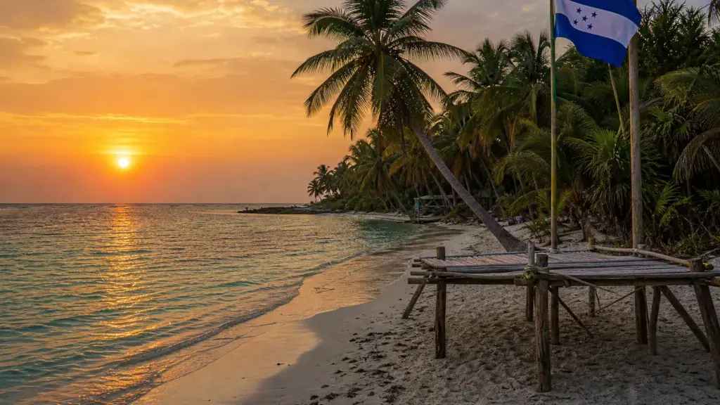 supervivientes all stars: playa desierta de los Cayos Cochinos al atardecer con palmeras, una plataforma de madera y la bandera de Honduras