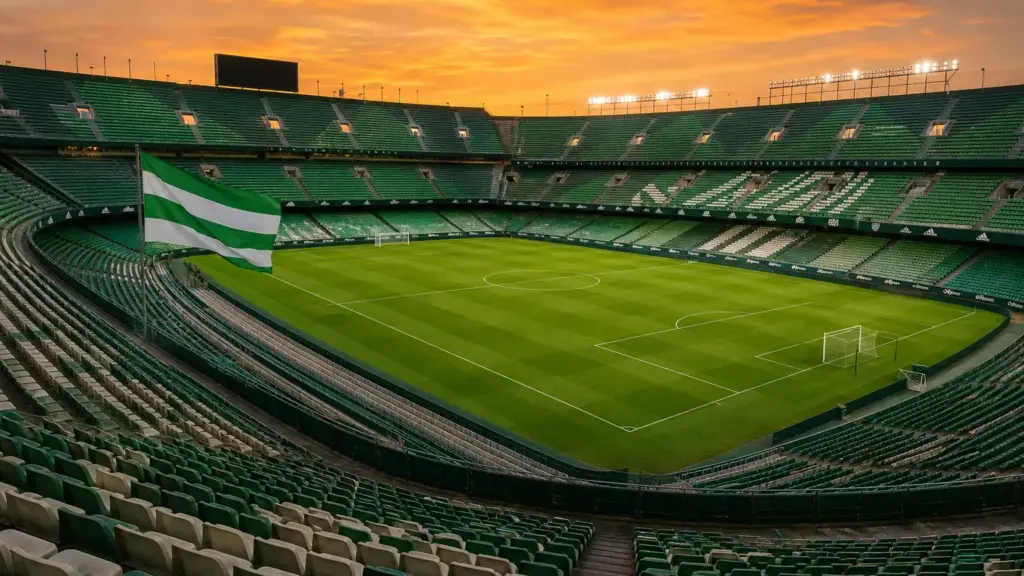 querella de bellerín: estadio de fútbol vacío con gradas verdiblancas y una bandera al atardecer en Sevilla
