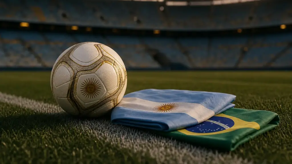 copa sudamericana: pelota sobre el césped junto a banderas de Argentina y Brasil en un estadio vacío