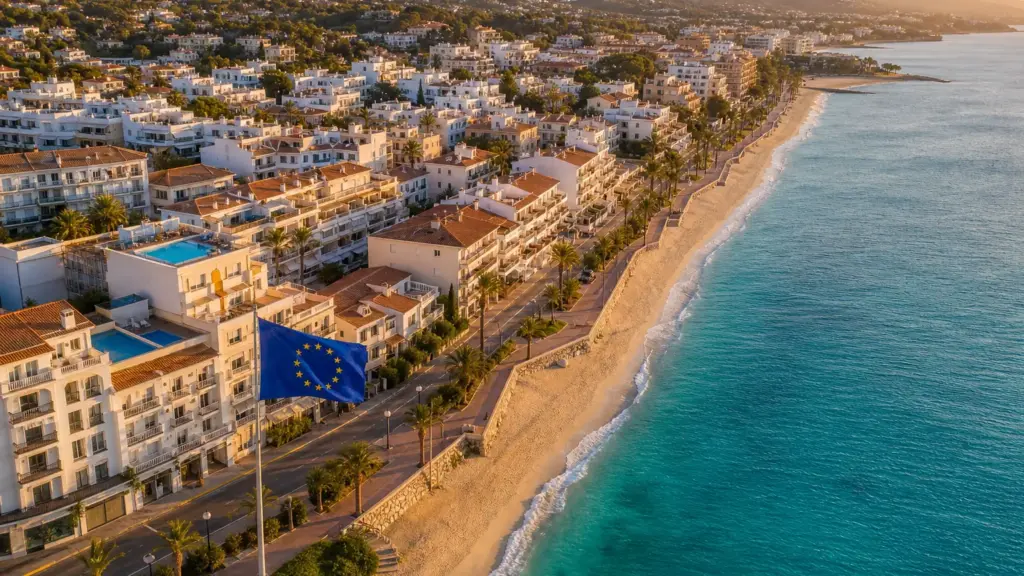 investigación a booking: vista aérea de un pueblo costero europeo con apartamentos turísticos y hoteles frente al mar