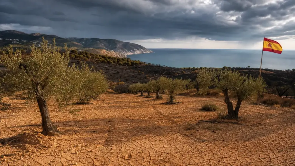 cambio climático en españa: campo seco mediterráneo con olivos y colinas quemadas bajo nubes de tormenta sobre el mar