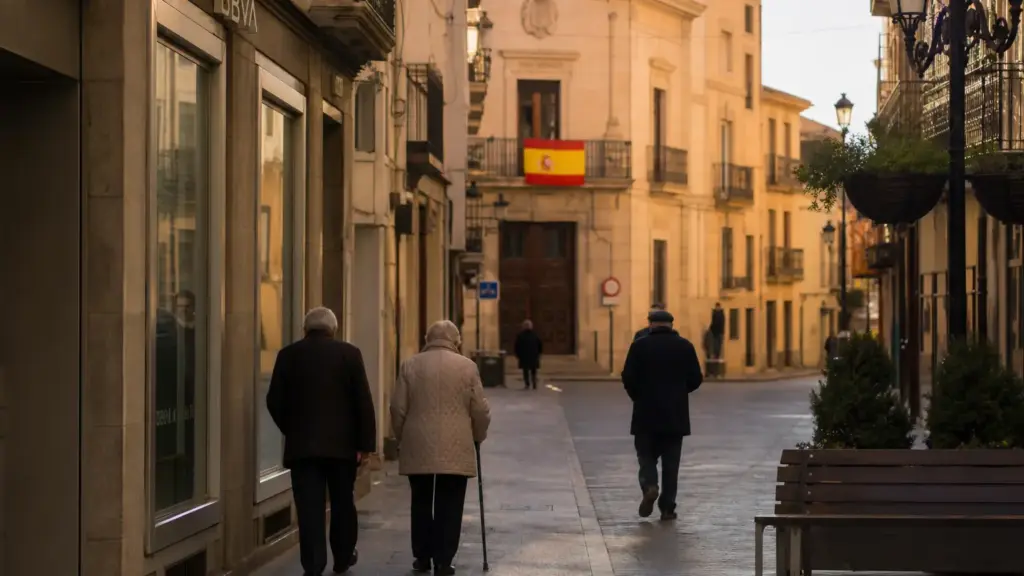 carlos cuerpo: calle de una ciudad española con personas mayores de espaldas y una bandera de España en un edificio oficial