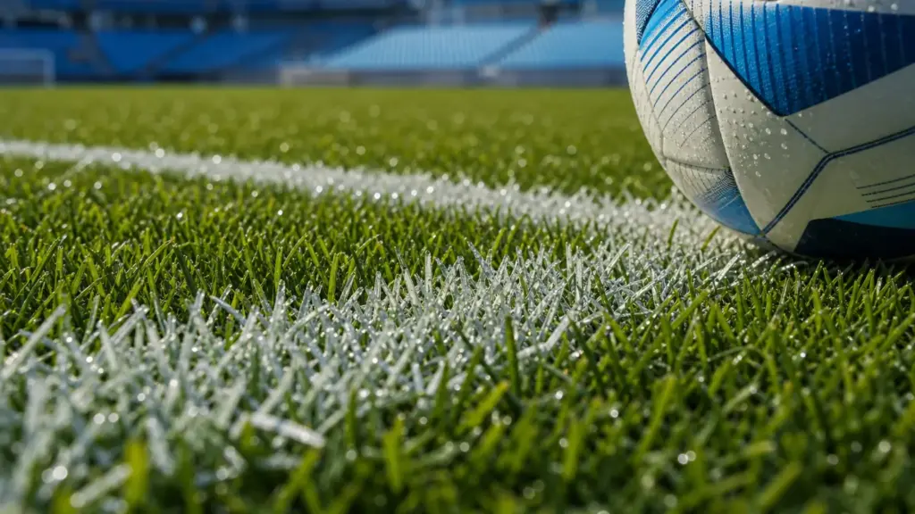 celta y alavés: césped recién cortado con línea blanca y un balón celeste en un estadio bajo el sol de la tarde