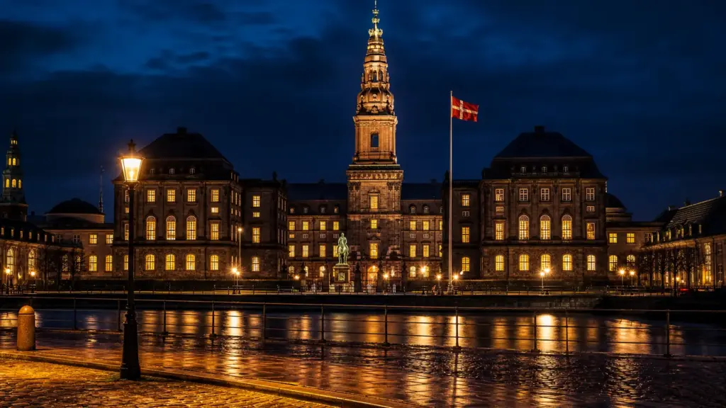 christian de dinamarca: el Palacio de Christiansborg de Copenhague iluminado de noche junto a una bandera danesa