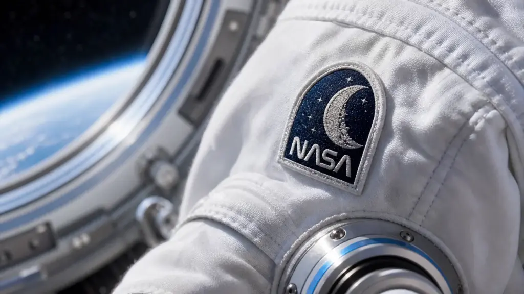 christina koch: detalle de la tela blanca de un traje espacial con un parche de la NASA y una luna creciente