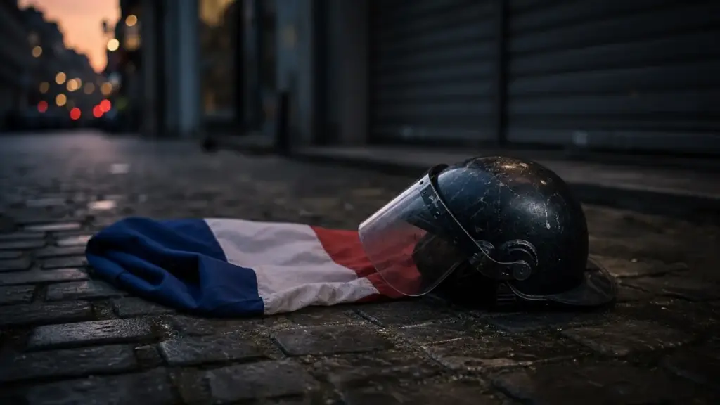 protestas en francia: bandera francesa doblada y un casco antidisturbios sobre adoquines de una calle de París al anochecer