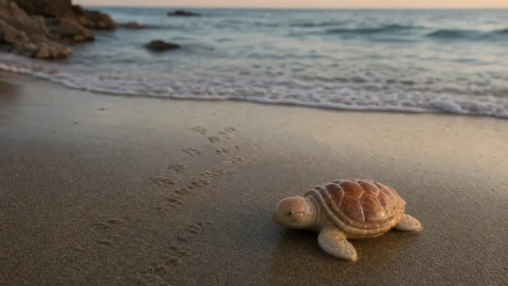 tortugas bobas en nules: figura de tortuga sobre la arena húmeda junto a la orilla del mar con huellas hacia el agua
