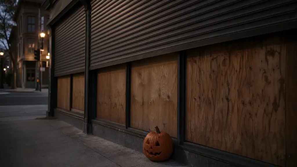 blocus en halloween: escaparate de una tienda tapiado con tablas de madera y una calabaza en la acera al anochecer