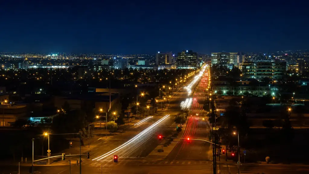 asesinato de tupac shakur: avenida nocturna con luces de autos y un semáforo en rojo en una ciudad