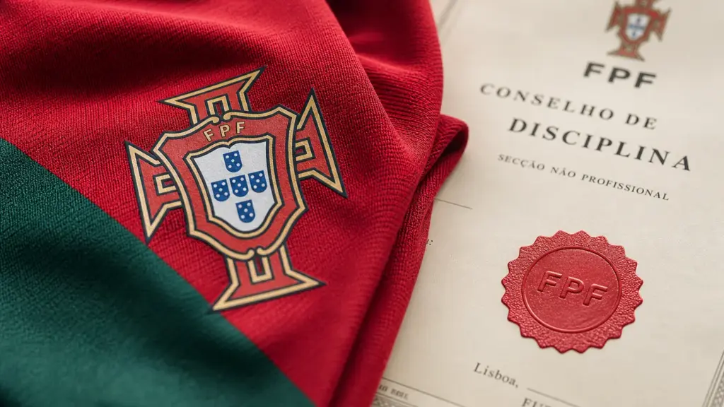 sanción a cristiano ronaldo: tela de una camiseta roja y verde de Portugal junto a un documento sellado con las letras FPF