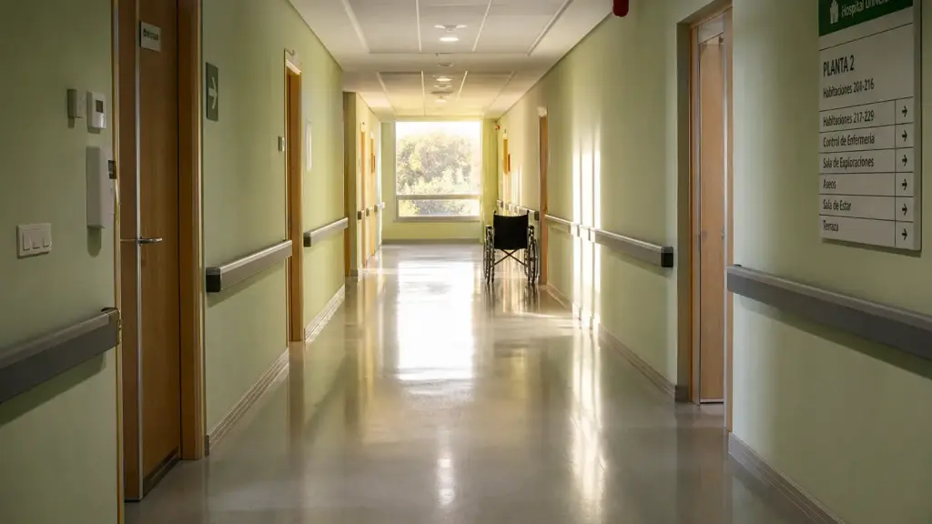 david serrato: pasillo vacío de hospital con una silla de ruedas junto a una ventana al atardecer