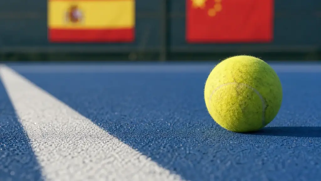 davidovich en shanghái: pelota de tenis sobre la superficie azul de una pista dura junto a la línea de fondo