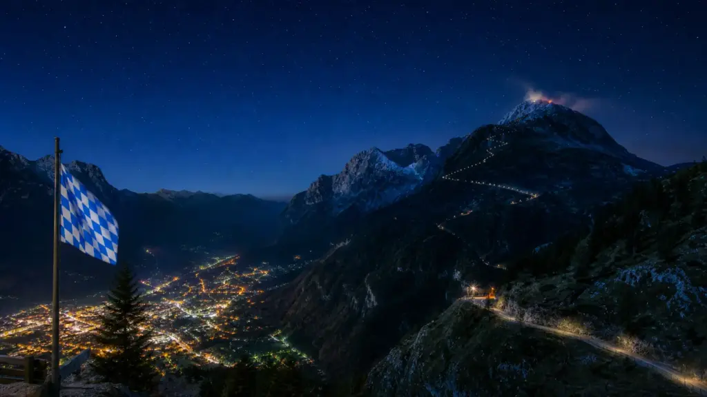 nido del águila: vista nocturna de la montaña sobre Berchtesgaden con las luces del valle y un leve resplandor cerca de la cima