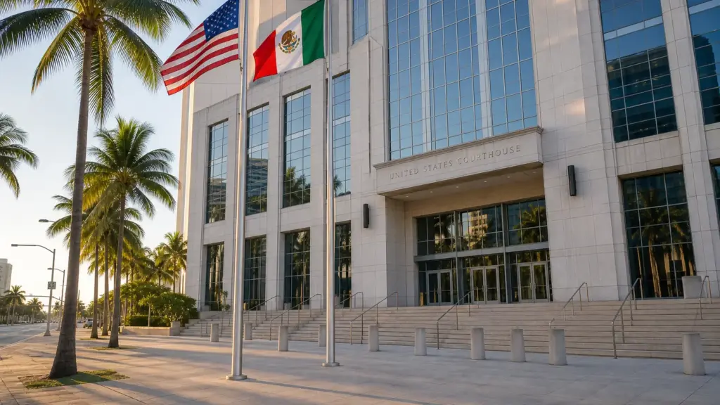 inés gómez mont: plaza vacía frente a un edificio judicial en Miami con banderas de Estados Unidos y México