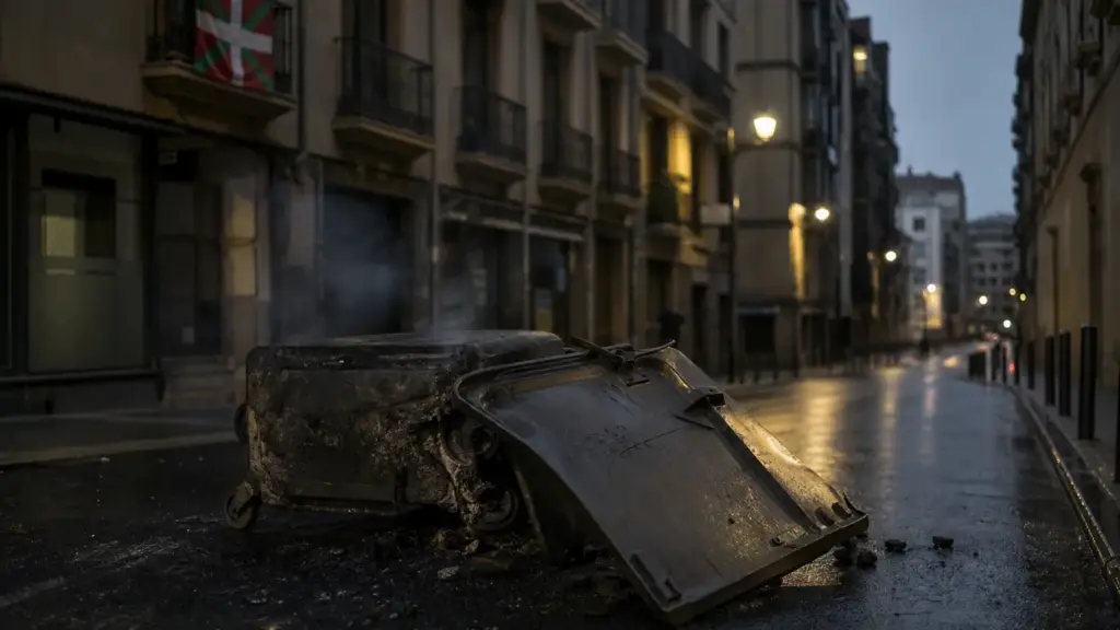 disturbios en bilbao: contenedor calcinado en una avenida vacía al anochecer con una ikurriña en un balcón al fondo