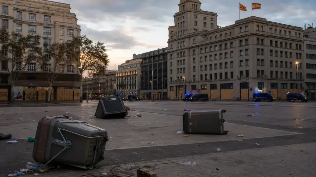 disturbios en barcelona: plaza de Catalunya vacía al anochecer con contenedores volcados y furgonetas policiales al fondo