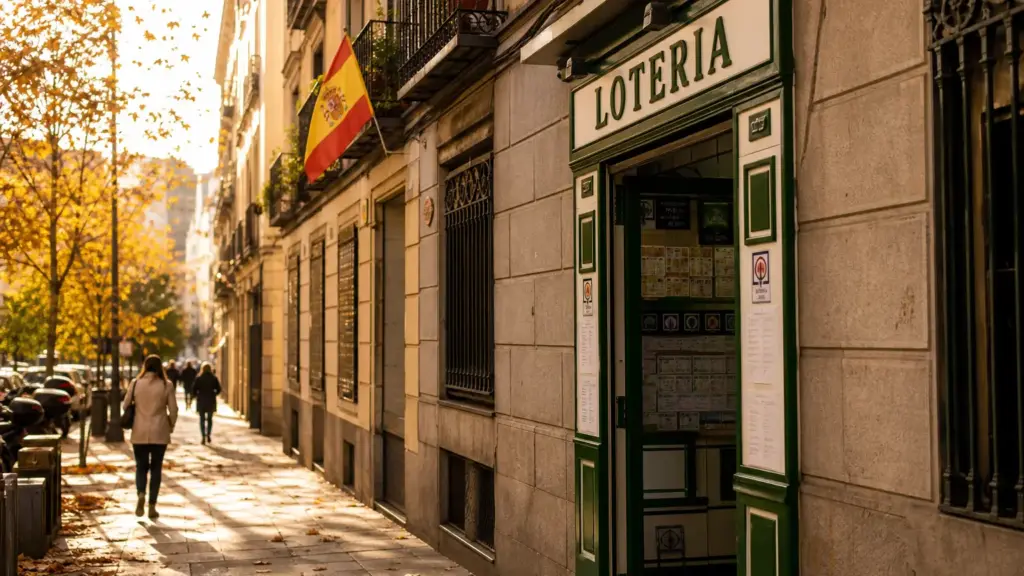lotería nacional 23123: administración de lotería en una calle de Madrid con transeúntes lejanos de espaldas