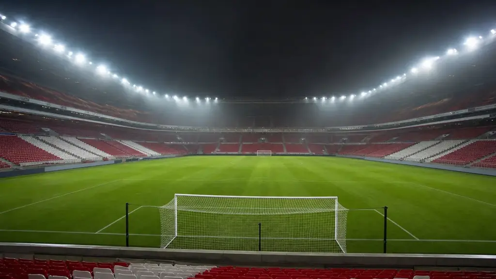 atlético y manchester united: estadio de fútbol vacío iluminado de noche con el arco en primer plano