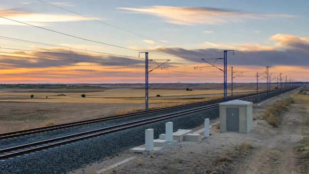 accidente de urda: vía de alta velocidad vacía con catenaria y equipos de señalización en la llanura manchega al atardecer