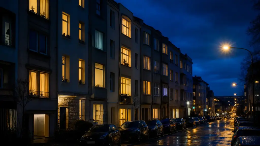 pp y las pensiones: ventanas iluminadas de edificios residenciales en una calle de noche