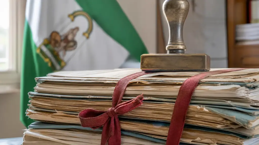 ugt andalucía: pila de expedientes de papel atados con cinta roja y un sello metálico, con una bandera de Andalucía al fondo